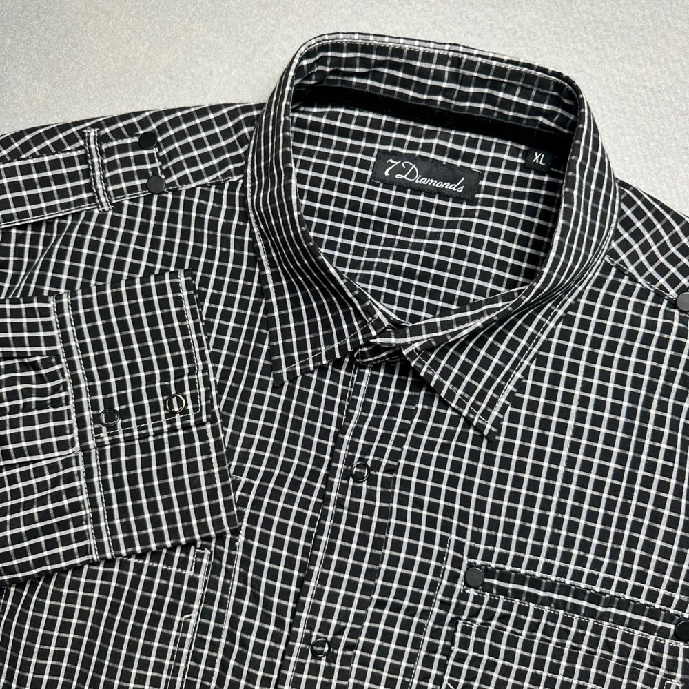 7 Diamonds Button Down Shirt Mens XL Black White Grid Epaulettes Long Sleeve